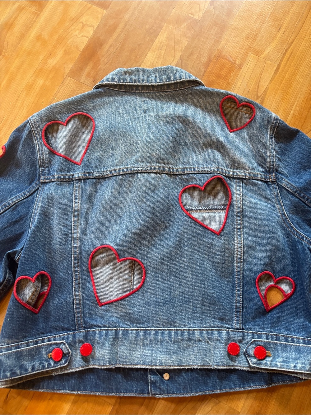 Alice + Olivia Blue Denim Jacket with Red Heart Appliqué Cutouts - Picture 9 of 10